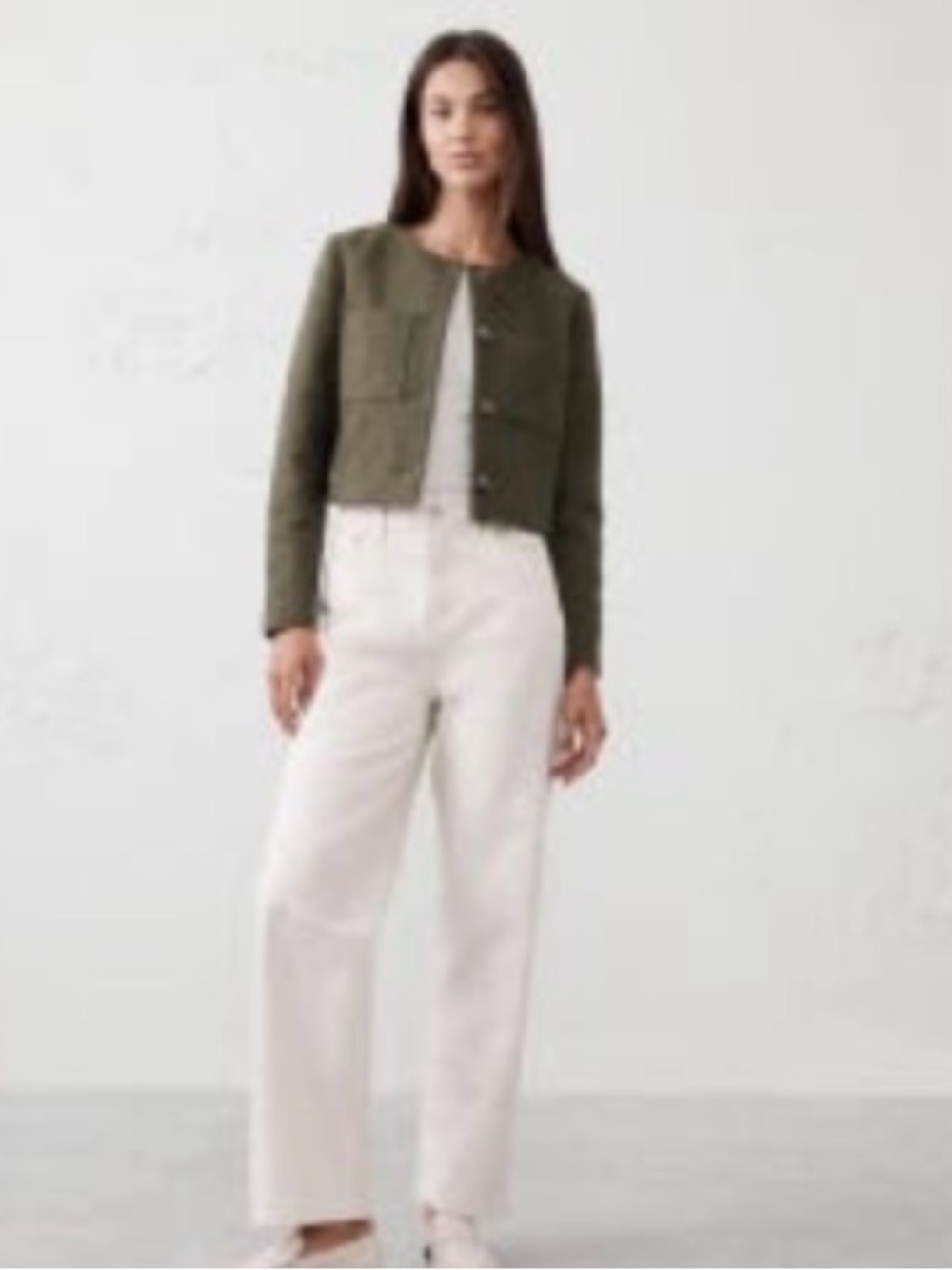 Collarless Cropped Olive Green Women's Jacket